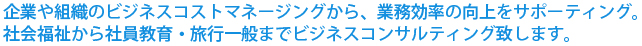 企業や組織のビジネスコストマネージングから、業務効率の向上をサポーティング。社会福祉から社員教育・旅行一般までビジネスコンサルティング致します。